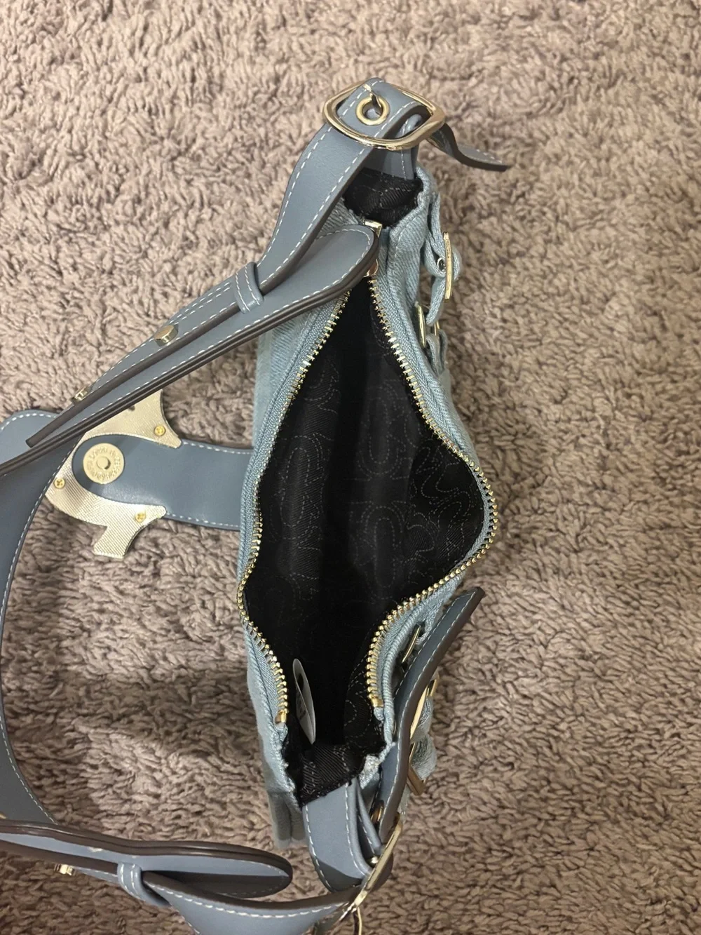 True Religion Light Gray Denim Shoulder Bag with Gold Hardware